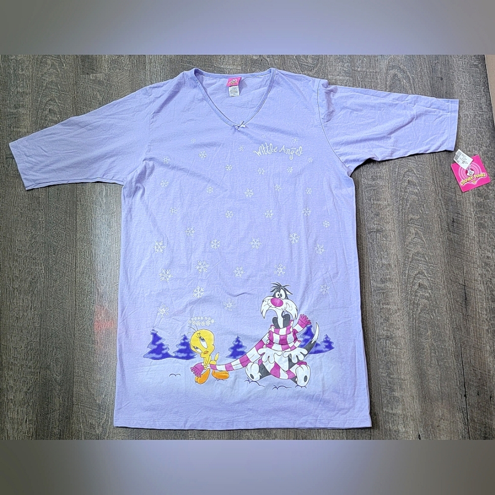 Vintg Y2K Looney Tunes Nightshirt Lilac w/ Tweety & Sylvester Graphic Tee Cotton